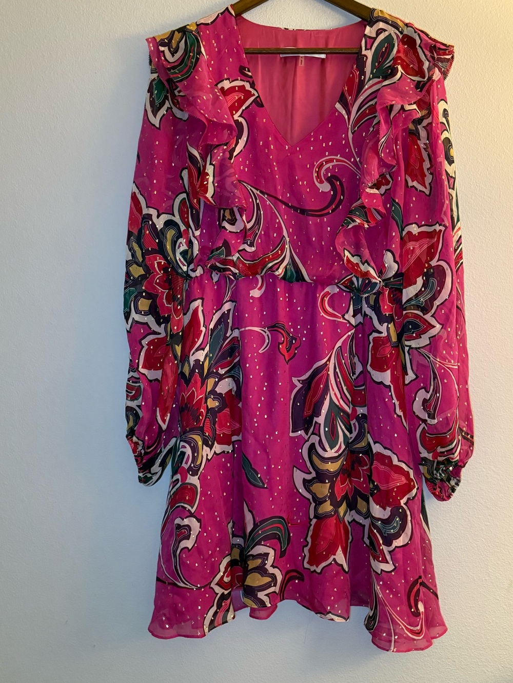Trina Turk Hot Pink Floral Ruffle Long-Sleeve Dress